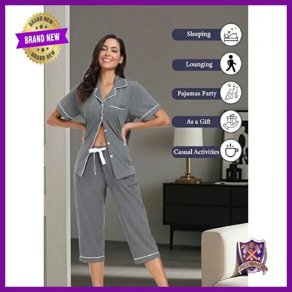 100% Cotton Pajama Set Short Sleeve Button Down Top Capri Pants